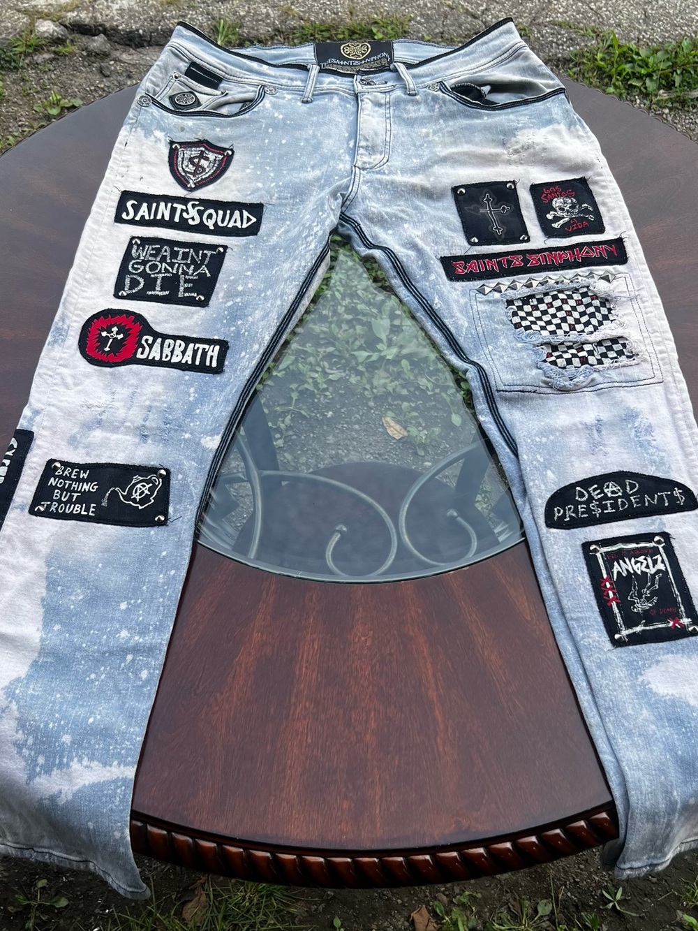 Custom Patchwork Light Wash Men's Jeans - Saint Squad Inspired